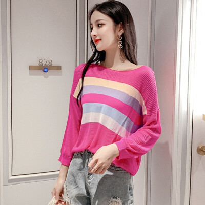 

Women Korean Sweet Sweaters Long Sleeve Light Chic Autumn Thin Kawaii Rainbow Striped Pullovers Knitted Basic Jumpers