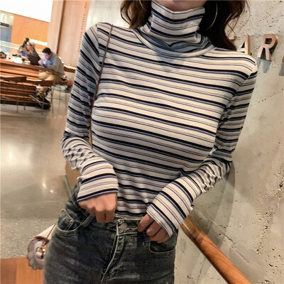 

Women Slim High Collar Autumn Top Contrast Color Stripes Print Long Sleeve Casual Simple Wild T-Shirt
