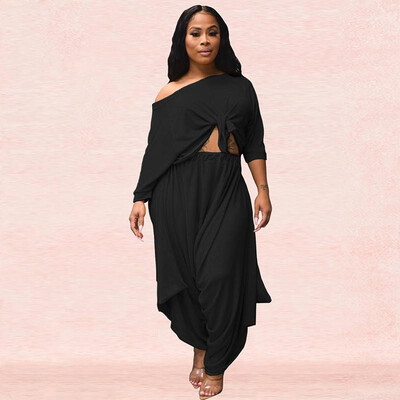 

Women Two Piece Suit Crop Top Wide Legs Pants One Shoulder Tied High Waist Palazzo Hot Street Wear