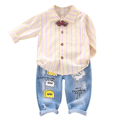 

Baby Boys Clothes Set Autumn Long Sleeve Striped Cat Print Shirt Blouse TopsDenim Pants Children Trouser Set