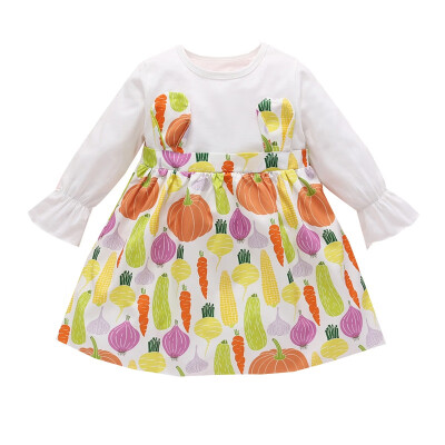 

New Autumn Casual Baby Girls Vegetables Print Long Sleeve Patchwork Dress Kids Toddler Pageant Sundress