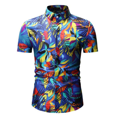 

Tailored Men Casual Slim Fit Short Sleeve Button Printed Stand Collar Shirt Top Blouse