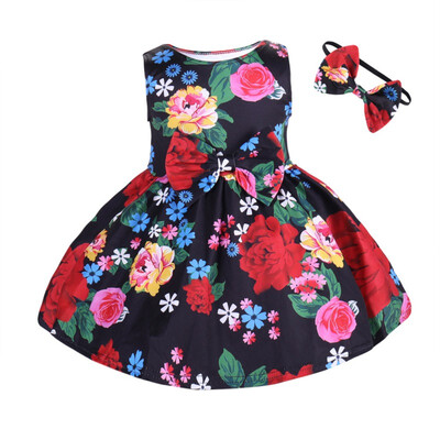 

Kids Clothing Girls Dress Summer 1-4Y Children Girls Cute Floral Dress with Headband Holiday Beach Dress Set Cotton Dresses