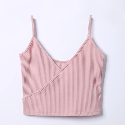 

New nude powder vertical knit small sexy temperament asymmetric design V-neck backless slim versatile camisole