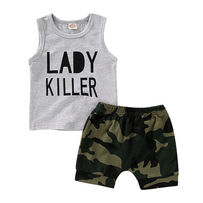 

Summer Baby Boys Sleeveless Letter Print Tops Blouse VestCamouflage Shorts Children Casual Outfits Sets