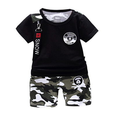 

Summer Children O Neck Short Sleeve Top Shirt With Camouflage Printed Shorts Kids Clothing Set 4 Colors Available