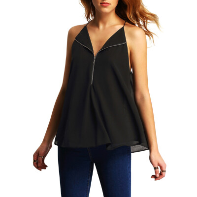 

New Sleeveless Sexy Zipper Chiffon Shirt Women Casual Slim Sling