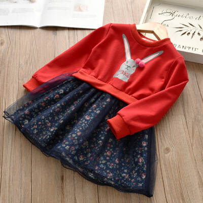 

Autumn Casual Baby Girls Dresses Rabbit Pattern Long Sleeve Floral Dress Patchwork Design Kids Toddler Pageant Sundress