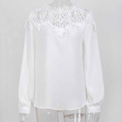 

Sexy Women Summer Solid Lace Hollow Out Blouse Round Neck Collar Long Sleeve Slim Body Casual Fashion Chiffon Blouses