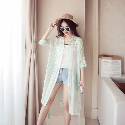 

Summer Shirt Sunproof Cardigan Women Striped Chiffon Blouse Fashion Lace Up Cardigan Women Coat