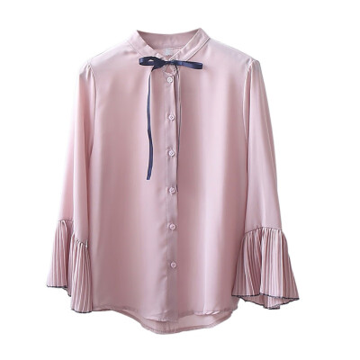 

Female Lace Up Button Stand Collar Basic Tops Pleated Flare Sleeve Blouse Solid Color Women Casual Slim Shirt Breathable Tops