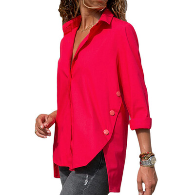 

Women Autumn Long Sleeve Plus Size Button Irregular Shirt Chiffon Turn Down Collar Blouse Solid Tops