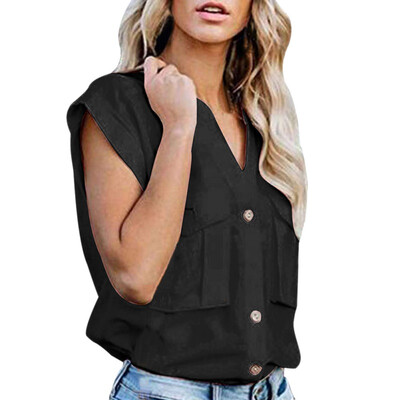 

blouse women Casual Stand Collar Short Sleeves Solid Color Single Breasted Shirt Summer Loose Long Shirt Blouse