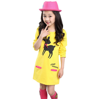 

Autumn Casual Kids Baby Girls Cotton Dress Long Sleeve Cartoon Deer Print Dress Kids Pageant Dresses