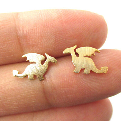

Small Dragon Silhouette with Wings Dinosaur Shaped Stud Earrings In Gold Handmade Jewelry