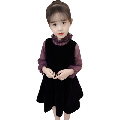 

Sleeveless Dress Long-Sleeved Turtleneck Shirt Two-Piece Girls Cotton Lace Velvet Vest Princess Dresses