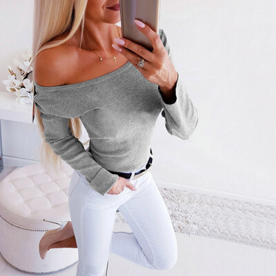

Female T-shirt Women Sexy Waist Slim Round Collar Summer Solid Color Cross Loose Long Sleeve Casual Wild T Shirt Gray White