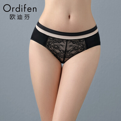 

Ou Difen underwear bra 2019 new ladies sexy lace mid-rise comfort cotton inner triangle briefs XP9205 black