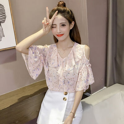 

Fashion Print Off Shoulder Ruffles Flare Sleeve Ruffled Collar Chiffon Blouses Sweet Woman Tops Half Sleeve Female Shirts