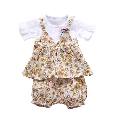 

Children Girls Cotton Clothes Casual Summer Fake 2 Piece Short Sleeve Floral Print T-shirtShorts Fashion Suits 2Pcs Costume Set