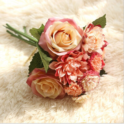 

Artificial Flowers Bouquet 8 Head Rose Dahlia Fall Vivid Fake Flower For Wedding Home Party Christmas Decor Silk Flower