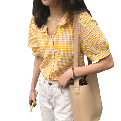 

Women Button Plaid Shirt Short Sleeve Casual Tops Fashion All-match Shirt
