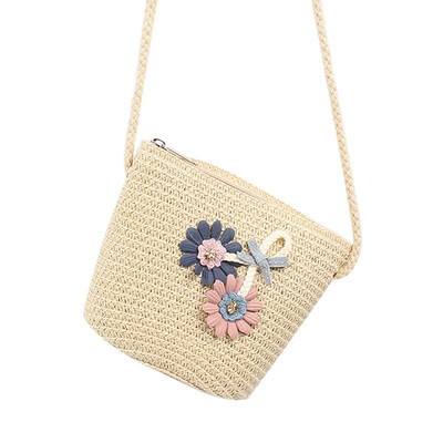 

Children Flower Zipper Cross-body Handbag Fashion Girls Kids Straw Shoulder Messenger Bag