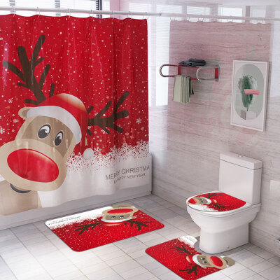 

Christmas Print Shower Curtain Carpet Mat Combination Bathroom Toilet Mat Bathroom Curtain Set 4 Piece Set