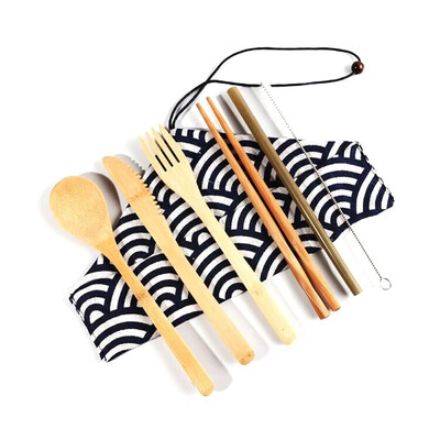 

7Pcsset Japanese Style Bamboo Wooden Cutlery Set Fork Cutter Cutting Reusable Kitchen Tool With Bag Useful Kitchen Cooking Tool