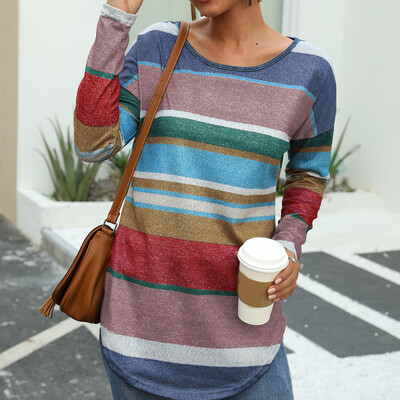 

Tailored Womens Color Stripe Printed Round Neck Long Sleeve Slim T-Shirt Top