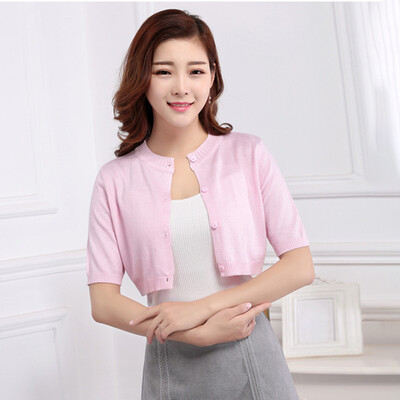 

Ladies Half Sleeve Buttons Crew Neck Cropped Tops Autumn Outwear Coat Cardigan