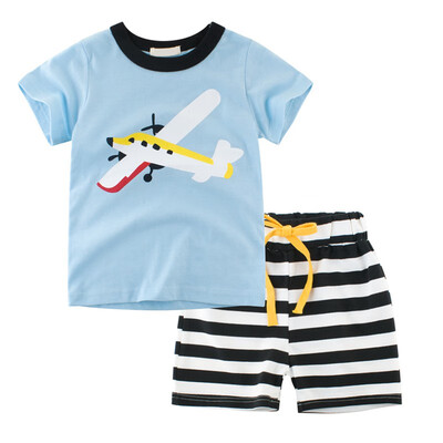 

Kids Boys Casual Short Sleeve Outfits Sets Cartoon Car Aircraft Printed Tops T-shirt Stripe Shorts 2PCS