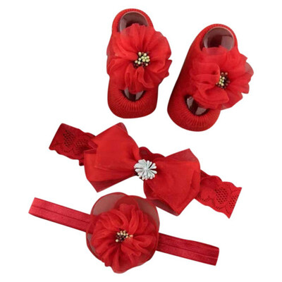 

Newborn Baby Cartoon Bowknot Flower Design Cotton Socks With Hairband Photography Props Set