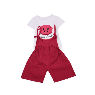 

Summer Baby Girl Short Sleeve Cotton T-shirt Blouse Cartoon Print Strap Shorts Casual Outfits Set Cute Kids Clothes