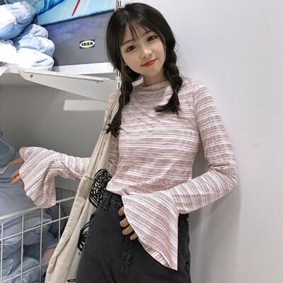 

Womens Flare Sleeve Striped T-shirt Long Sleeve Preppy Korean Style Ladies Girls Sweet Tops Autumn Tee Shirt Femme
