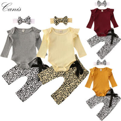 

Newborn Baby Girl Boy Solid Romper Tops Leopard Pants 3PCS Outfit Set Clothes UK