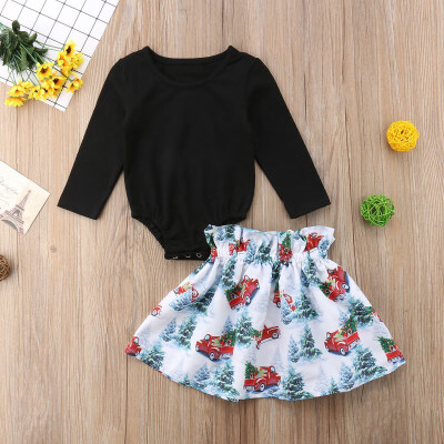 

2pcsset Children Set Sweet Cute Solid Color T-shirt Long Sleeve Cartoon Pattern Skirt All-match Girls Set