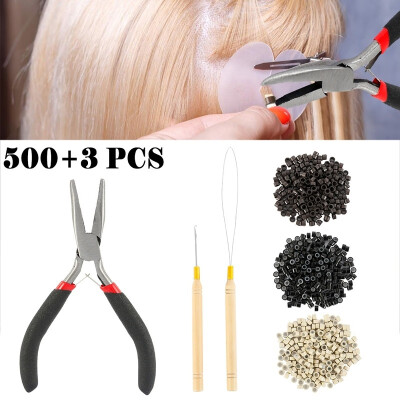 

500pcs Silicone Beads Hair Extensions Pliers Hook Tool Kit For Micro Rings Loop