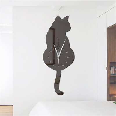 

Gobestart 3D Creative Cartoon Cat Modeling Acrylic Mirror Clock Home Decoration Wall Clock