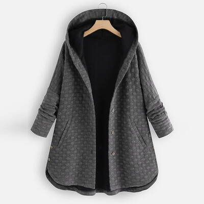 

Toponeto Plus Size Winter Women Vintage Pure Color Button Asymmetrical Hem Hooded Coat