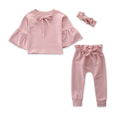 

1-6T Infant Baby Girl Adorable Flare Sleeve Outfit Long Sleeve Shirts Tops Long Pants Headband 3pcs Clothes Set