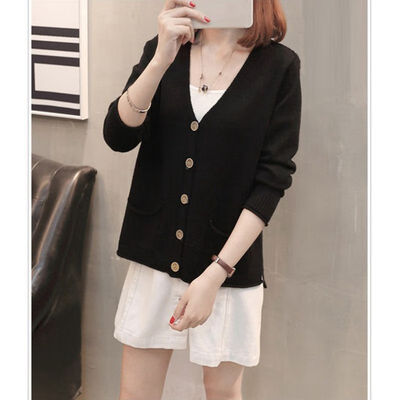 

Womens Sweater Korean V-Neck Autumn Winter Sweater Full Sleeve Single-breasted Short Loose Sweater Solid Color Knit Cardigan