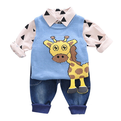 

Autumn Baby Cute Boy Long Sleeve Geometric Print T-shirt Sleeveless Deer Sweater Denim Trousers Casual Outfits