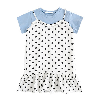 

Children Summer Girls Cute Dress Fake 2 Pieces Cotton Cute Polka Dot Stitching Bottoming Short Sleeve Sweet Princess Dress