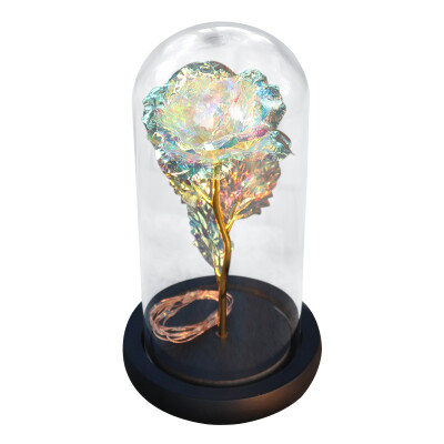 

Artificial Gold Foil Rose Flower&LED Light String In Glass Dome On Wooden Base The Best Gift For Women