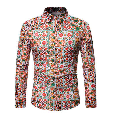 

Toponeto Mens Ethnic Style Vintage Printing Slim Long Sleeve Dress Shirt Blouse Tops