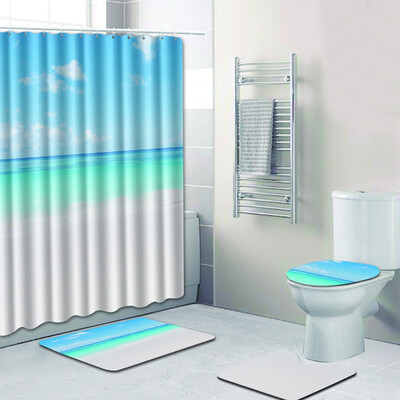 

Gobestart 4PCS Sea Style Non Slip Toilet Polyester Cover Mat Set Bathroom Shower Curtain