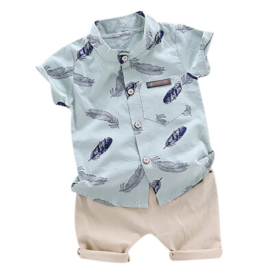 

Summer Baby Boys Casual Short Sleeve Floral Feather Print shirt TopsShorts Costume Set