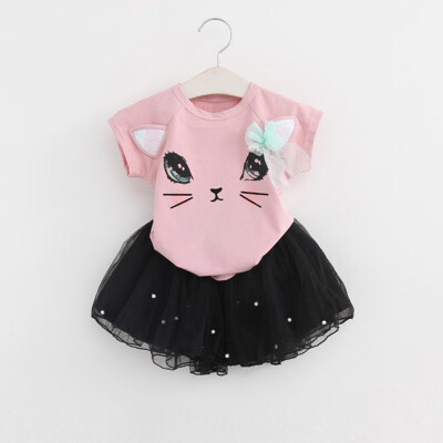 

Girls Sweet Cute Clothing Sets Summer Fashion Style Cartoon Kitten Printed T-ShirtsNet Veil Dress 2Pcs Girls Clothes Sets