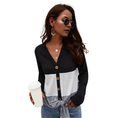 

Fashion Women Thin Cardigan Knitted Long Sleeve Splicing V-Neck Casual Tops